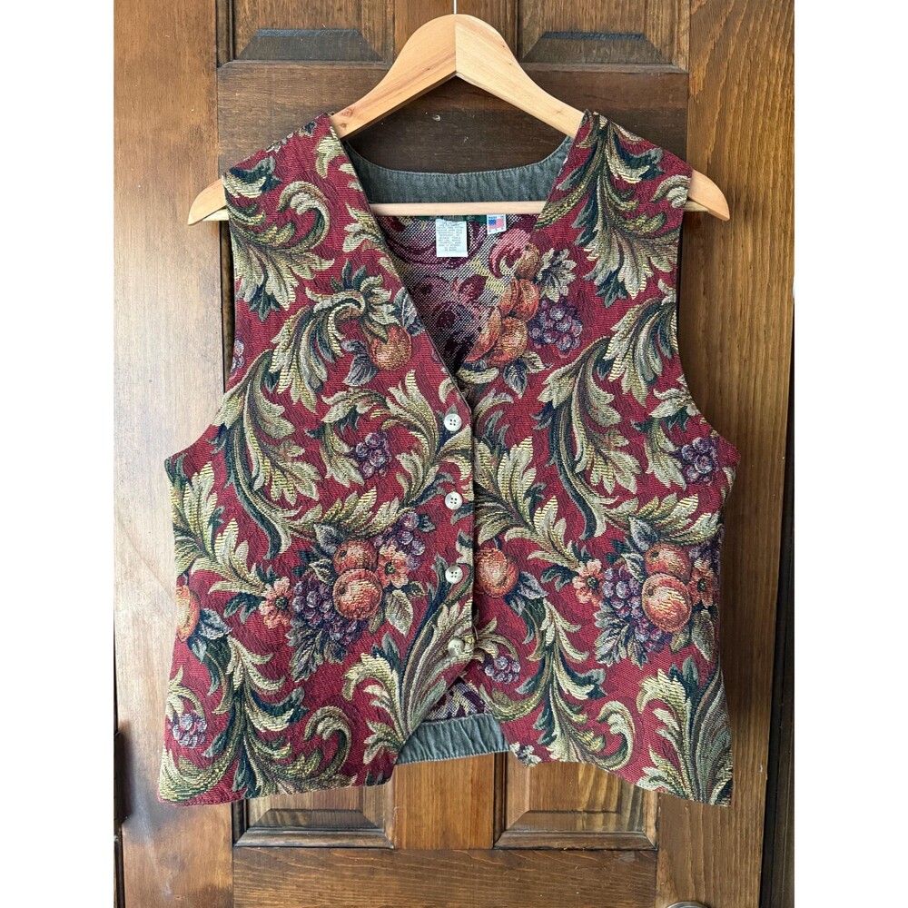 Vintage 90s Orvis Tapestry Vest Medium Fruit Floral Burgundy Jacquard Size Med